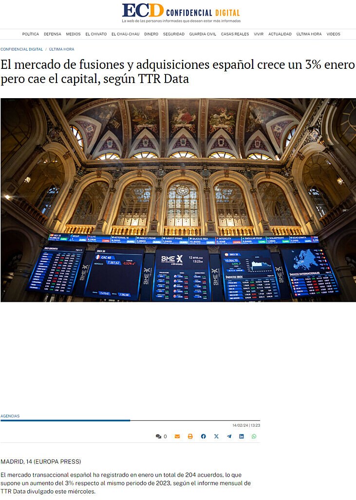 El mercado de fusiones y adquisiciones espaol crece un 3% enero pero cae el capital, segn TTR Data